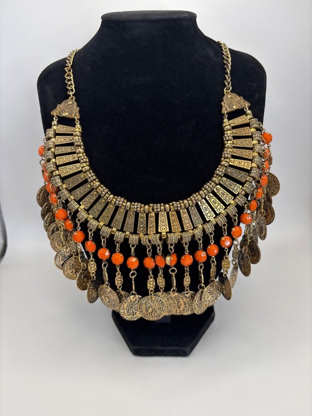 Egyptian Revival Style Gold Tone Coin Orange Beads Bib Collar Statement Necklace